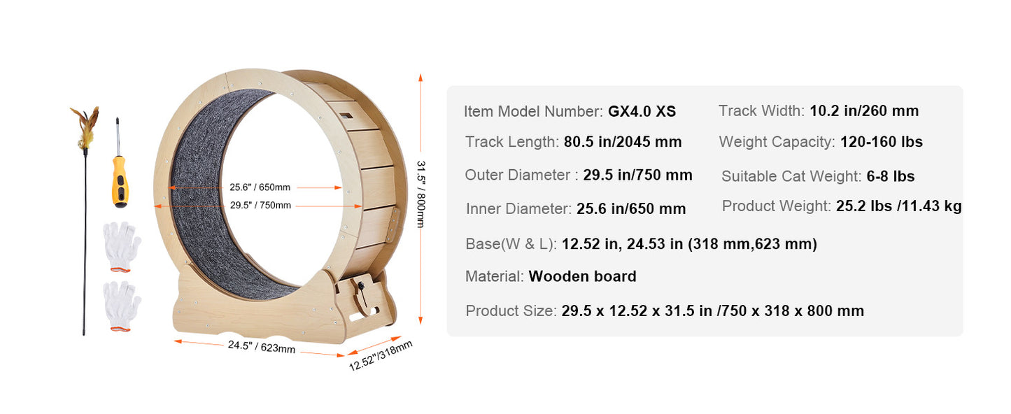 SucceBuy Wooden Cat Exercise Wheel – Large Indoor Cat Treadmill Running Wheel with Carpet & Teaser | 29–52 inch
