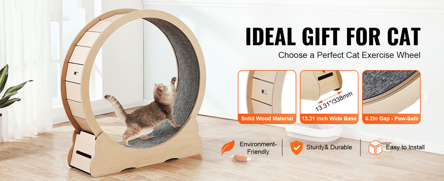 SucceBuy Wooden Cat Exercise Wheel – Large Indoor Cat Treadmill Running Wheel with Carpet & Teaser | 29–52 inch