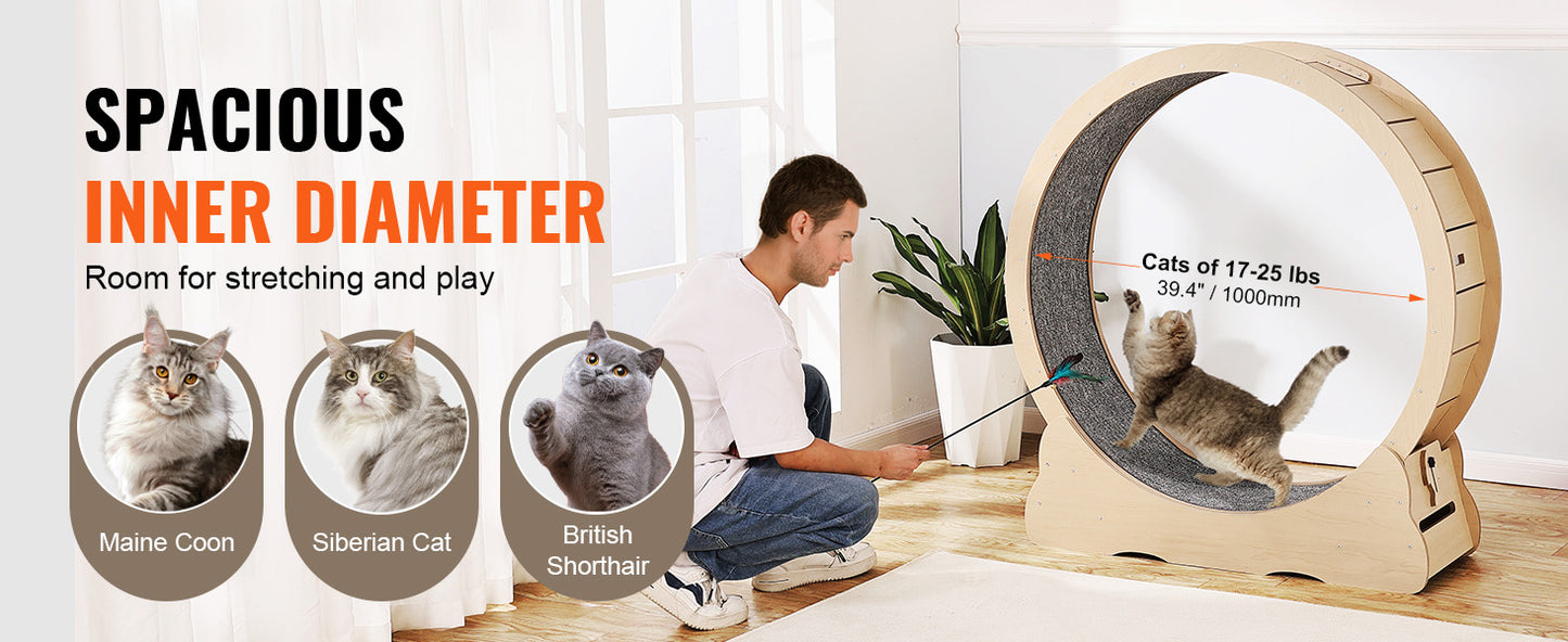 SucceBuy Wooden Cat Exercise Wheel – Large Indoor Cat Treadmill Running Wheel with Carpet & Teaser | 29–52 inch