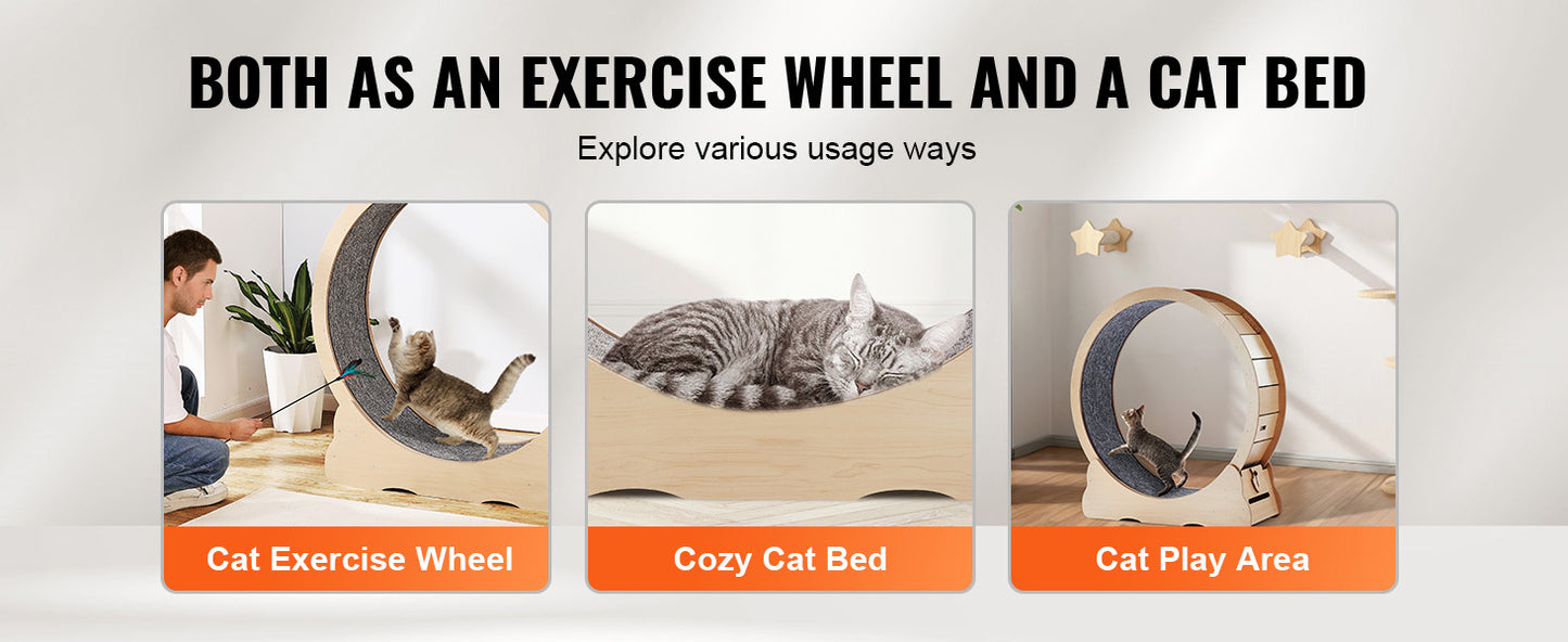 SucceBuy Wooden Cat Exercise Wheel – Large Indoor Cat Treadmill Running Wheel with Carpet & Teaser | 29–52 inch
