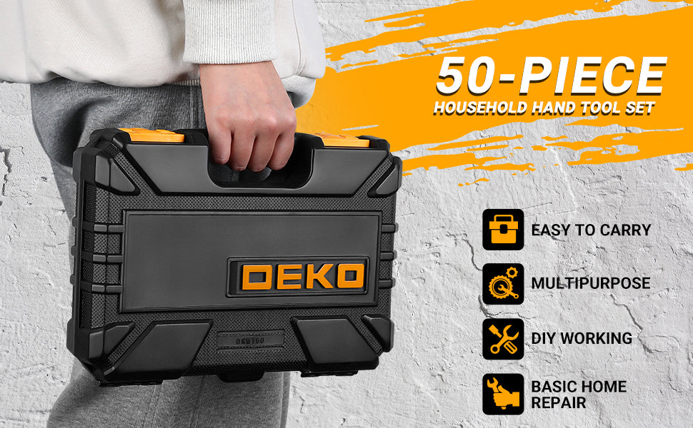 DEKO General Household Hand Tool Kit with Plastic Toolbox Storage Case, All Purpose Home Tool, 50 Piece