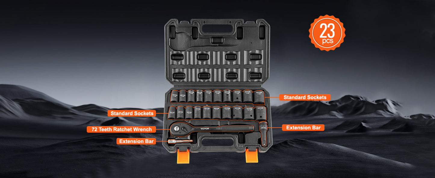 SucceBuy 23PCs 1/2" Drive Impact Socket Set Socket Set SAE (7/16" -1")& Metric (13-24mm) 6 Point Cr-V Alloy Steel Auto Repair