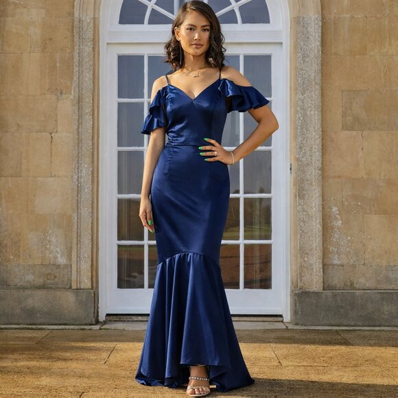 Chi Chi London Satin Cami Strap Ruffle Bodycon Dress in Navy Blue