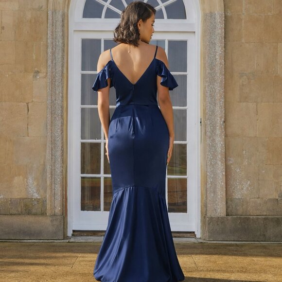 Chi Chi London Satin Cami Strap Ruffle Bodycon Dress in Navy Blue