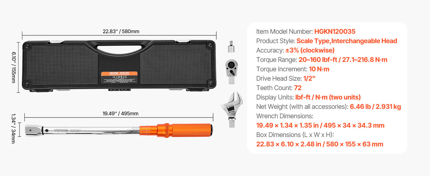 SucceBuy Mechanical Click Torque Wrench Set – Dual-Direction Adjustable Drive Wrench with Dual Range Scales | Multiple Torque Ranges | Auto & Precision Tool