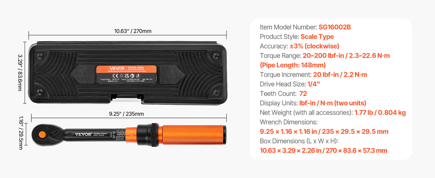 SucceBuy Mechanical Click Torque Wrench Set – Dual-Direction Adjustable Drive Wrench with Dual Range Scales | Multiple Torque Ranges | Auto & Precision Tool