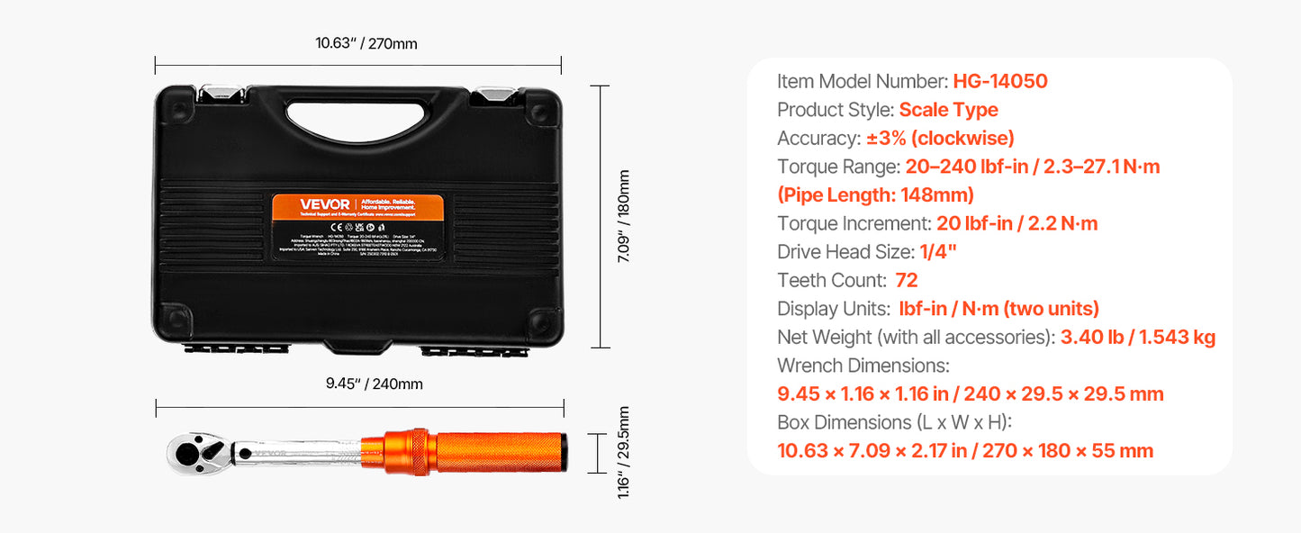 SucceBuy Mechanical Click Torque Wrench Set – Dual-Direction Adjustable Drive Wrench with Dual Range Scales | Multiple Torque Ranges | Auto & Precision Tool