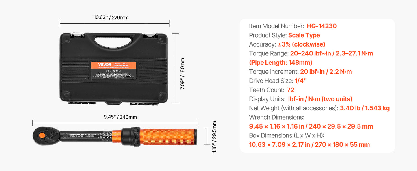 SucceBuy Mechanical Click Torque Wrench Set – Dual-Direction Adjustable Drive Wrench with Dual Range Scales | Multiple Torque Ranges | Auto & Precision Tool