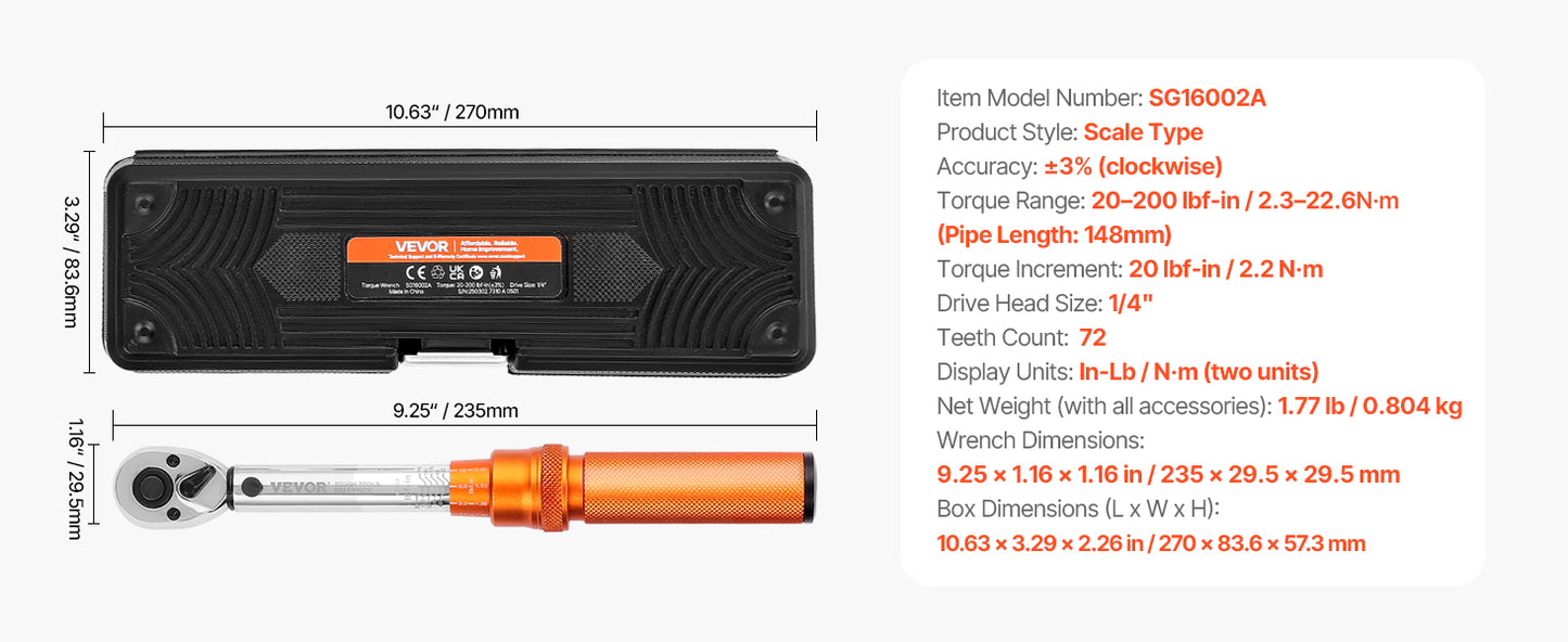 SucceBuy Mechanical Click Torque Wrench Set – Dual-Direction Adjustable Drive Wrench with Dual Range Scales | Multiple Torque Ranges | Auto & Precision Tool