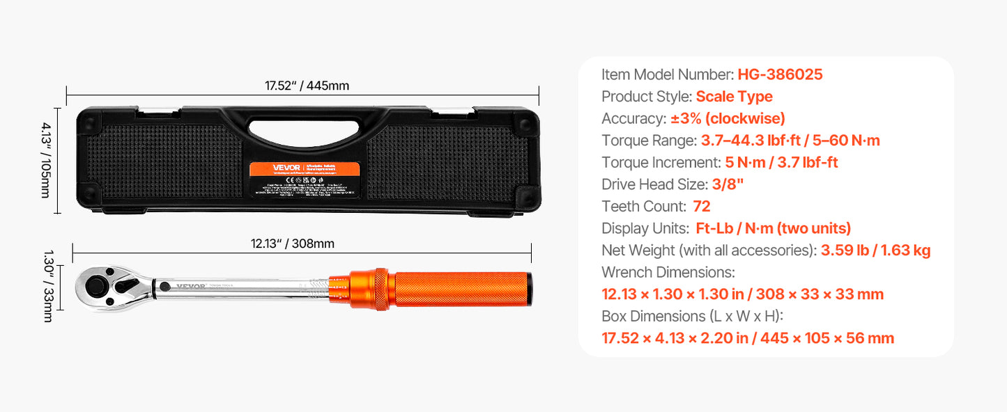 SucceBuy Mechanical Click Torque Wrench Set – Dual-Direction Adjustable Drive Wrench with Dual Range Scales | Multiple Torque Ranges | Auto & Precision Tool