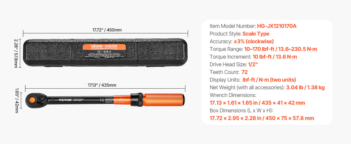 SucceBuy Mechanical Click Torque Wrench Set – Dual-Direction Adjustable Drive Wrench with Dual Range Scales | Multiple Torque Ranges | Auto & Precision Tool