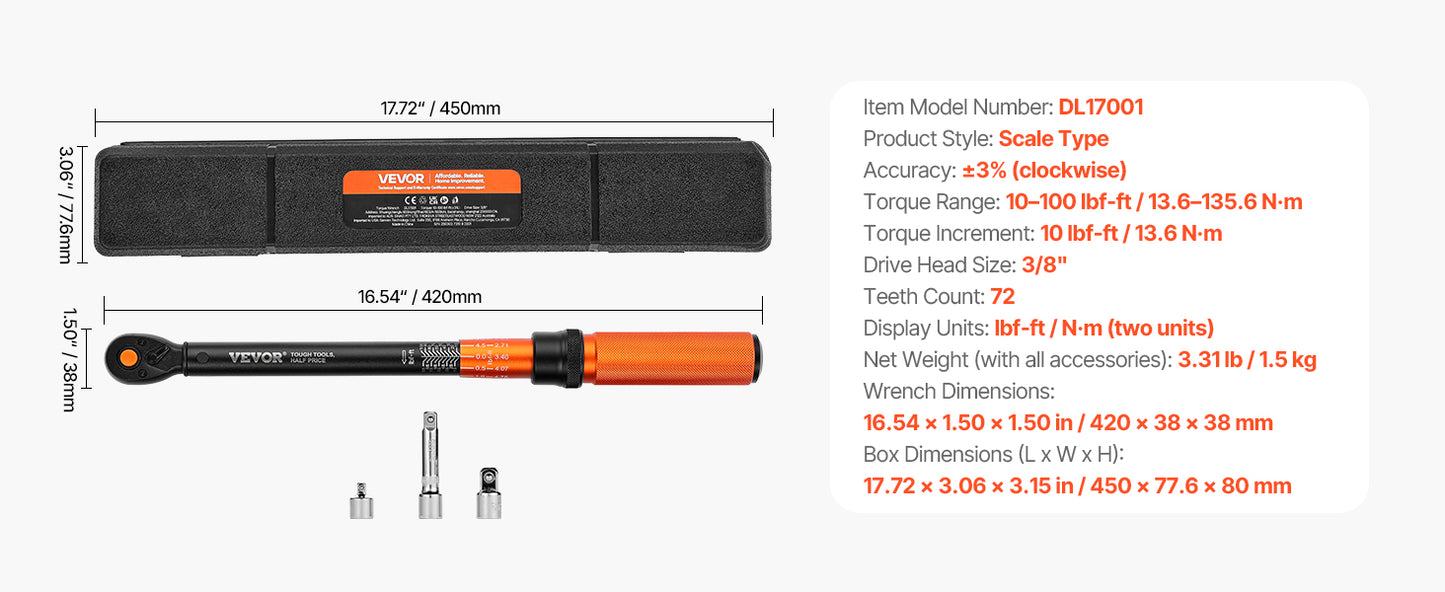 SucceBuy Mechanical Click Torque Wrench Set – Dual-Direction Adjustable Drive Wrench with Dual Range Scales | Multiple Torque Ranges | Auto & Precision Tool