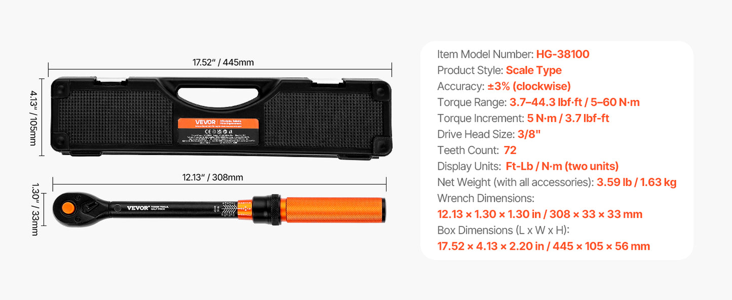 SucceBuy Mechanical Click Torque Wrench Set – Dual-Direction Adjustable Drive Wrench with Dual Range Scales | Multiple Torque Ranges | Auto & Precision Tool