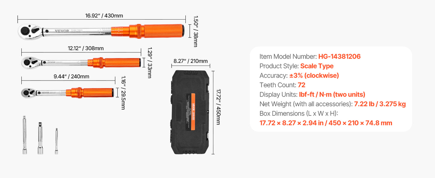 SucceBuy Mechanical Click Torque Wrench Set – Dual-Direction Adjustable Drive Wrench with Dual Range Scales | Multiple Torque Ranges | Auto & Precision Tool